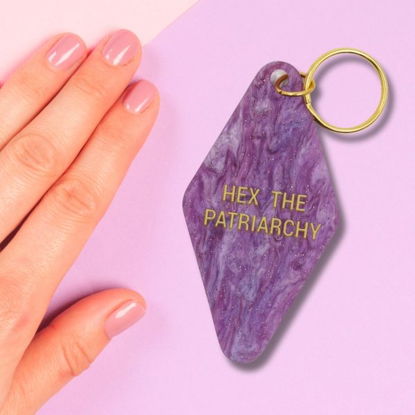 Hex the Patriarchy Feminist Motel Style Key Tag Keychain in Purple Galaxy Glitter Online