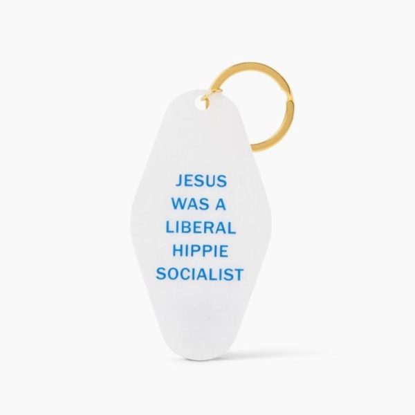 Jesus Was a Liberal Hippie Socialist Keychain in White Shimmer Hot on Sale